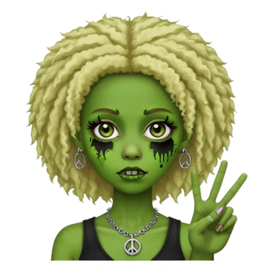 girl, green zombie,blonde afro, medium long, shaggy, dark, spooky,double eyebrow dermal piercing,peace sign sticker