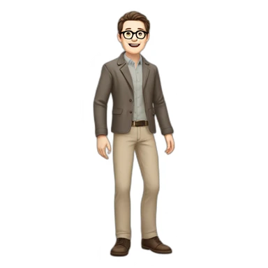 Joyful Full height Pale skinned Fit Man With dark brown hair in gray classic jacket, beige office shirt, Brown pants and vintage glasses. Thrumbs of his palms are up sticker