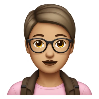Girl with glasses with brown very short straight hair white skin brown eyes glasses pink lips mole on chin sticker