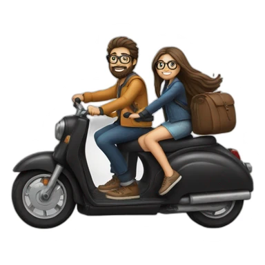 long haired boy with beard and spectacles and girl on back riding on black scooter sticker