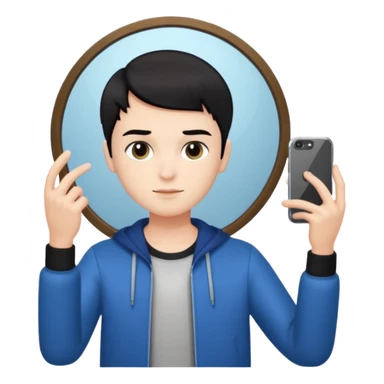 generate a pretty bratz fair skinned boy with short black hair taking a mirror selfie sticker