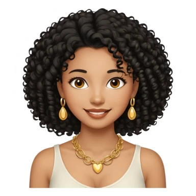 a young woman.She has voluminous, curly black hair that frames her face beautifully. Her skin tone is black light and glowing, and she has a subtle, natural makeup look. She’s smiling softly at the camera. She is wearing a white top sticker