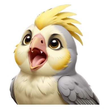 Cinematic Cute Yawning Cockatiel Portrait Emoji, Head tilted slightly with a dramatic, wide-open yawn, showcasing a soft grey fur with subtle yellow accents and gently drooping crest feathers, round dark eyes barely open in drowsy contentment, Simplified yet irresistibly adorable features, highly detailed, glowing with a soft, cozy glow, high shine, relaxed yet expressive, stylized with a touch of whimsy, bright and endearing, soft glowing outline, capturing the essence of a sleepy yet affectionate cockatiel, so drowsy it feels like it could stretch out of the screen and curl up for a nap! sticker