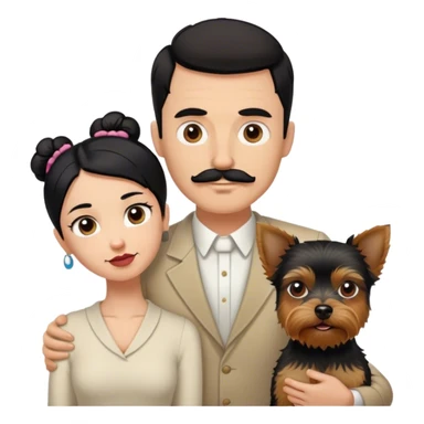 Tall pale guy with dark hair mustache goatee, and short woman with black hair bun, and a yorkshire terrier dog sticker