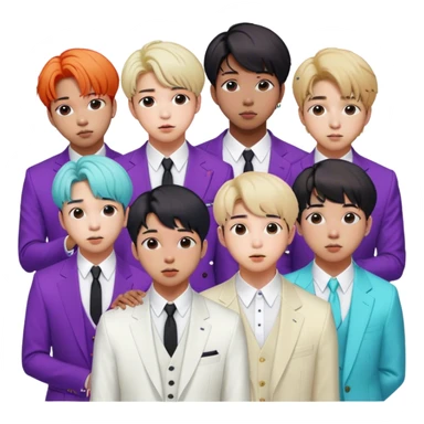Cinematic Realistic group portrait of BTS featuring all 7 members in stylish modern attire, with detailed facial expressions and vibrant colors, captured in dynamic, contemporary lighting that emphasizes their global pop icon status sticker