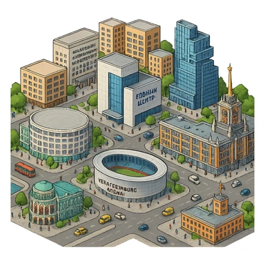Изометричная миниатюрная фотореалистичная 3D модель Екатеринбурга - Дом Севастьянова, Ельцин-центр, Уральский федеральный университет, дома, Екатеринбург Арена, Штаб-квартира Русской медной компании, Здание Свердловского городского совета народных депутатов, четкие линии, яркие цвета, мультяшный реализм, люди, автотранспорт, компактная композиция, вид сверху в изометрии, прозрачный фон sticker