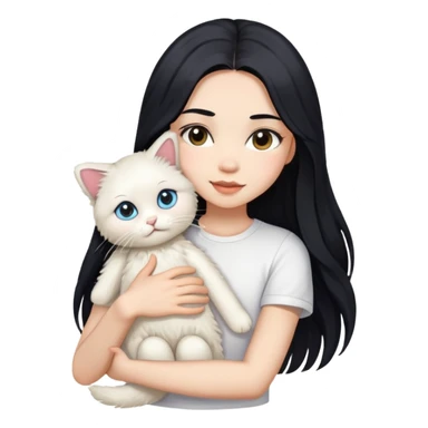 A beautiful girl with long black hair wearing a white short-sleeved shirt hugs a ragol sticker