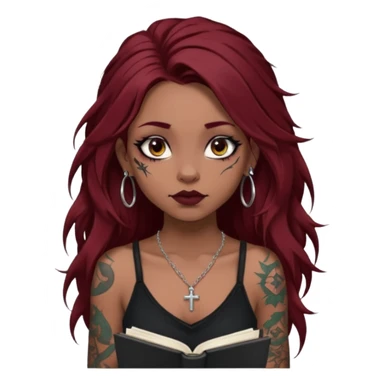 generate an ios genmoji of a dusky girl with long dark red messy hair with eyeliner on her eyes. septum piercing, wearing a cami black top, has tattoos, on shoulders. ear piercings. wearing a cross silver necklace. carrying a lot of sketchbooks sticker