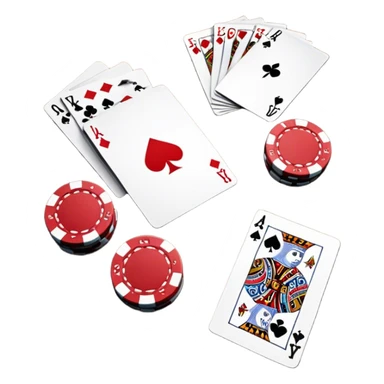 A photorealistic icon featuring playing cards, poker chips and a deck of cards spread out on a table. Bright, detailed design with realistic textures and lighting. Transparent background, clearly symbolizing card games and strategy. sticker