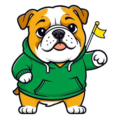 A bulldog wearing a green sweatshirt holding a little green flag sticker