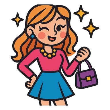 girly girl in a stylish outfit winking, holding a purse, with stars, vibrant toon style sticker