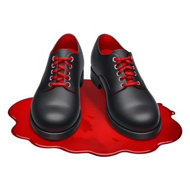 Minimalist emoji-style sticker of two black shoes standing on a red carpet that fades into a bloodstain. Flat, frontal design, simple icon composition. sticker