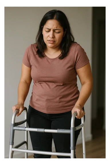 Donna con problemi difficoltà nella deambulazione a causa della sua PCOS, immagine realistica sticker