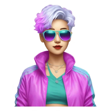 a short-haired Taiwanese lesbian with vaporwave style, sunglasses with vaporwave image on it. sticker