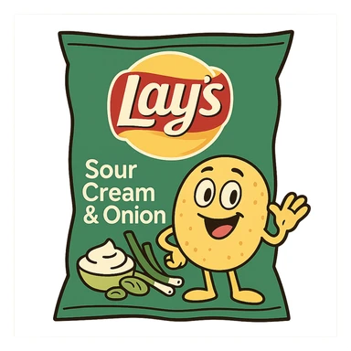cartoon style Lay's Sour Cream and Onion, smiling chip mascot, green bag, playful and fun sticker