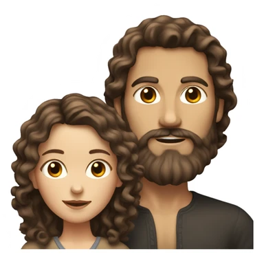 White woman with long dark brown curly hair with white man with brown wavy hair and beard sticker