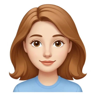 Young adult woman with oval delicate face, soft features, fine jawline, bright friendly smile, large expressive light brown almond eyes, medium arched eyebrows, proportional nose, defined lips, long light brown hair with gentle waves, wearing a casual feminine-cut light blue shirt sticker