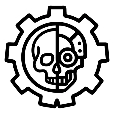 Adeptus Mechanicus logo from Warhammer 40k, featuring a cyborg skull inside a cogwheel, bold and iconic, no text, high contrast, suitable for a logo sticker