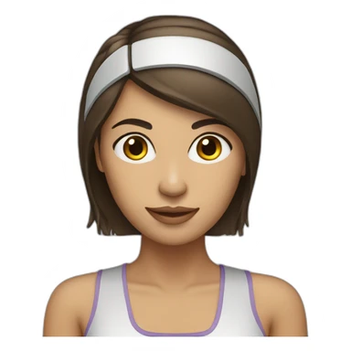 middle length straight hair brunette woman with headband and computer sticker