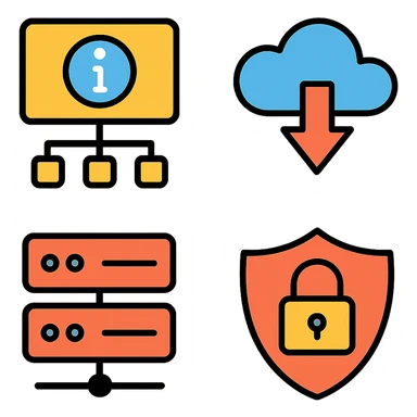 modern color outline icons for information technology, clear symbols for network, cloud, server, and security, minimal, professional, suitable for digital interfaces sticker