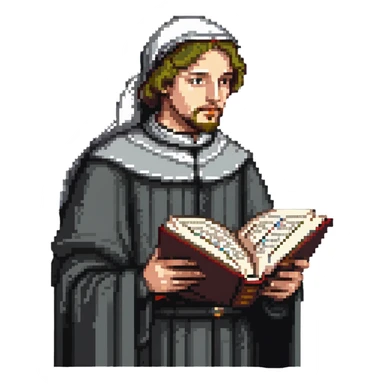 person reading the Canterbury Tales and drinking tea, Geoffrey Chaucer standing behind sticker