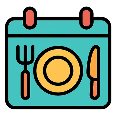 meal time icon, calendar with plate and cutlery, color outlined, modern icon style sticker