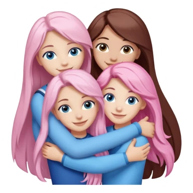four white grips hugging and smiling    2 girls with brown eyes and long dark brown hair. One girl with long light pink hair and blue eyes, one girl with blue eyes and light blonde hair sticker