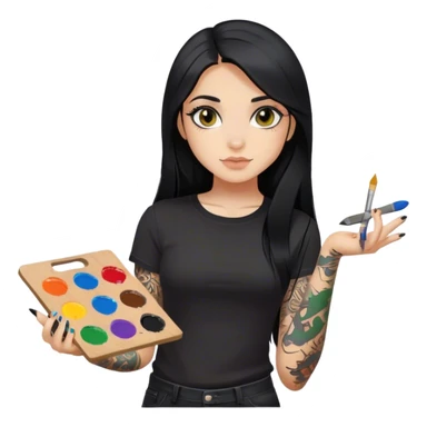 A girl with long black hair and hazel eyes and black tattoos on right arm holding a paint palette  wearing black shirt sticker