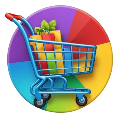 Create a round sticker with a dark black background inside the circle, dynamic edges that smoothly transition step-by-step from green to yellow to red to purple, a small shopping cart icon in the center, the title text ‘New stock soon’, where the word ‘soon’ is blinking in bright blue color.” sticker