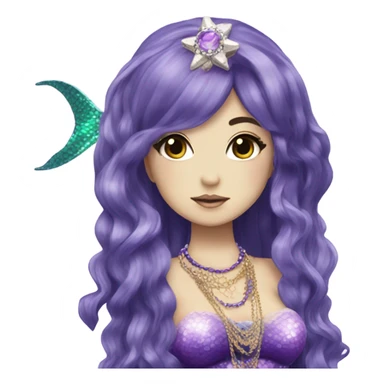 mermaid hime gyaru girl, dark purple hair, jewerly sticker