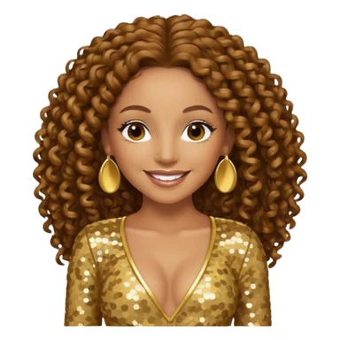 Mel B from Spice Girls with long brown curly hair, gold sequin outfit sticker