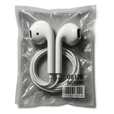 white EarPods headphones, extra glossy, dramatic lighting, no background sticker