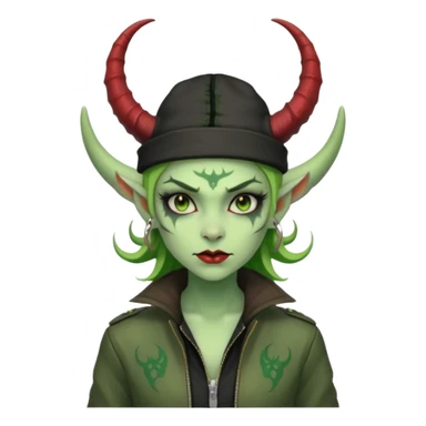 green girl demon with tattoos, hat, jacket and horns sticker