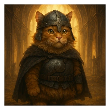 Viking ginger cat with helmet no horns, standing in Valhalla, glowing background, fantasy style sticker