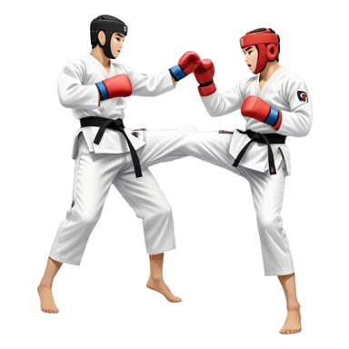 Two taekwondo fighters in traditional white doboks with black belts compete in a dynamic match. One delivers a high kick, while the other blocks using their knee. The background features a professional arena with bright lights and spectators. Transparent background. sticker