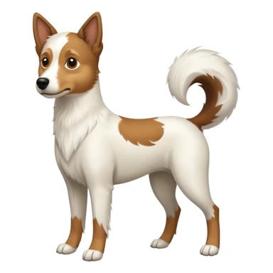 a full body white parsel russell looking dog the size of a kelpie with light brown ears and a light brown patch on one eye and a large snout sticker