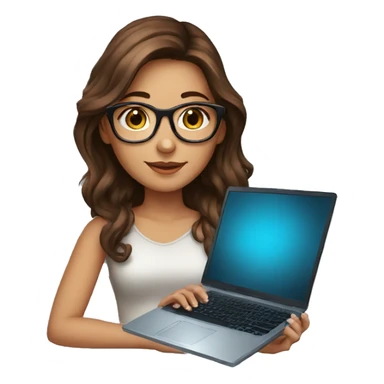 Beautiful girl with brown hair, glasses and laptop sticker