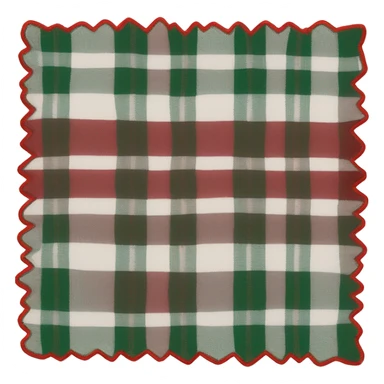 White folded blanket with red and green plaid sticker
