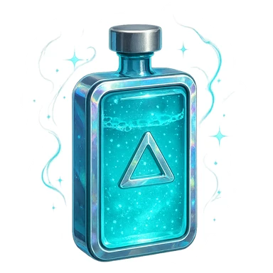 prabangus eliksyro buteliukas, tabletės forma, žydra (cyan) spalva, sidabrinės ir holografinės detalės, maksimaliai daug magiškų efektų, labai mažas kaklelis, vientisas dugnas, skaidrus fonas, buteliukas plūduriuoja ore, be pagrindo ar šešėlio, modernus, kolekcijai tinkamas sticker