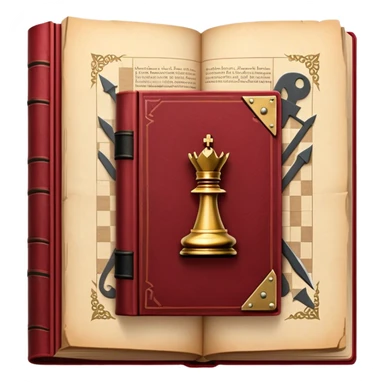 A dark crimson red book with black and gold details, a rugged leather texture, and an emblem of crossed swords, a knight chess piece, radiating strategy, discipline, and the art of power number 33 sticker