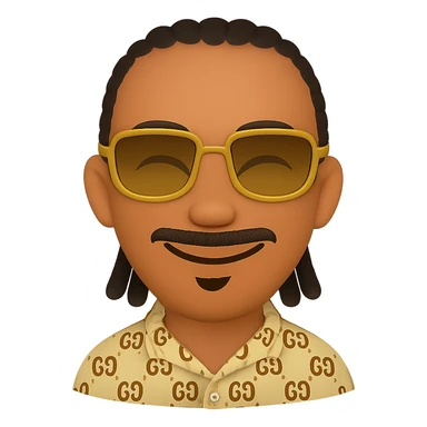 Create an emoji style smiley with a thin head, slightly lighter skin tone, beard only on the chin (no hair under the lower lip), mustache only above the upper lip, no hair under the lower lip, detailed black braided hair, rectangular golden sunglasses, beige top with GG pattern and visible collar, transparent background. Add a smile to the face. sticker