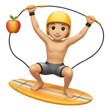 "Apple 3D emoji-style character wakeboarding mid-jump, with arms extended holding an orange rope, legs slightly bent on a yellow board. Stylized water splash behind. Emoji face, rounded body, bright and clean Apple shading." sticker