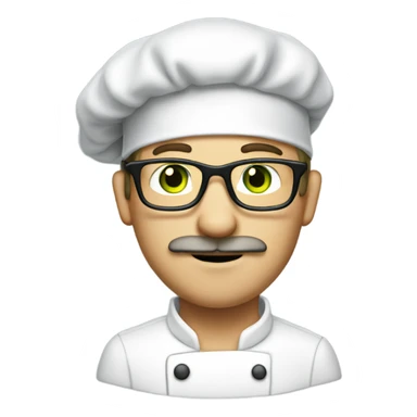 Man with light brown hair, green eyes, mustache, long face, light skin, and glasses wearing a chef hat sticker