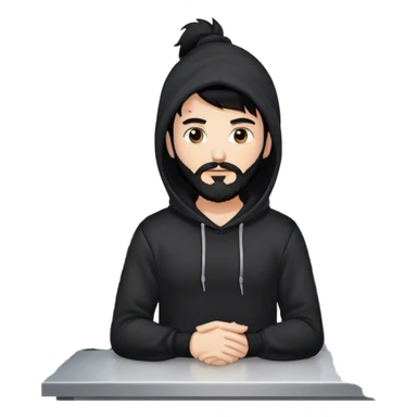 hackeur blanc cheveux noir barbe et capuche noir à côté d'un server sticker