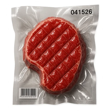 diamond-textured meat steak, shiny and inflated, vacuum-sealed style sticker