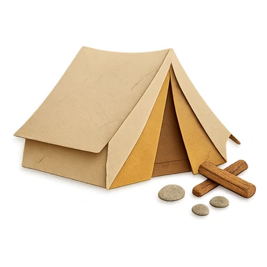 beige camping tent, paper craft style, delicate paper layers, naturalistic pose, realistic fabric texture, logs and stones nearby sticker
