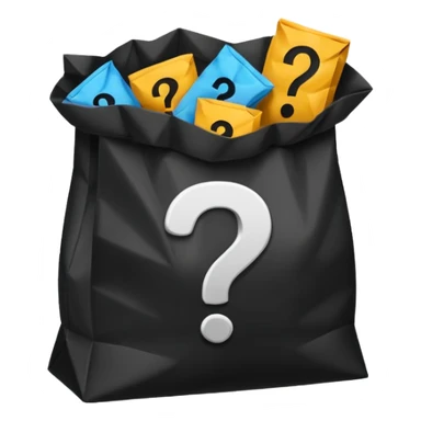 black goodiebag with questions mark boxes stuffed in it sticker