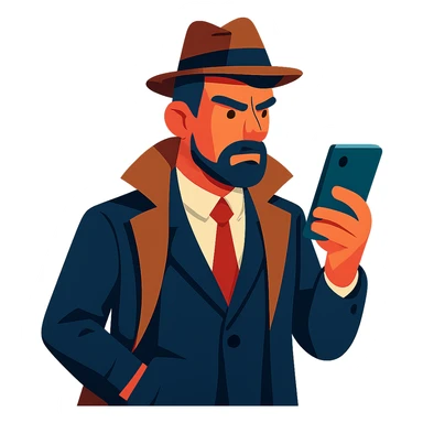 detective, modern look, dark suit, smartphone, sleek style sticker