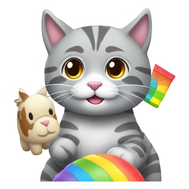 Grey tabby cat with rainbow lama toy sticker