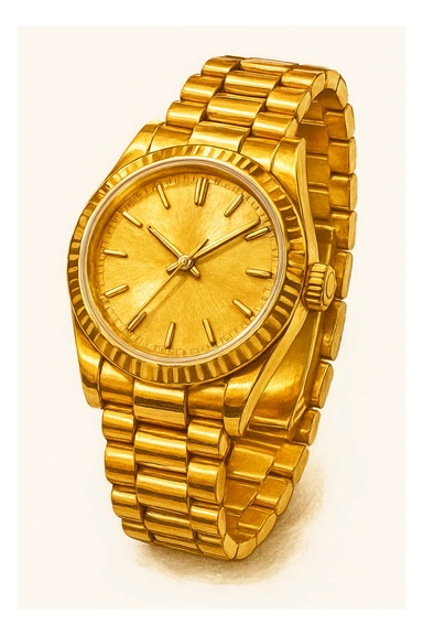 Сгенерируй мне часы ЗОЛОТЫЕ, дорогие, в чуть рисованном стиле. На чисто белом фоне. БЕЗ НАДПИСЕЙ. Но при этом объмная и яркая. Золото не должно быть пластмассовое, оно должно быть блестящие, хорошее sticker